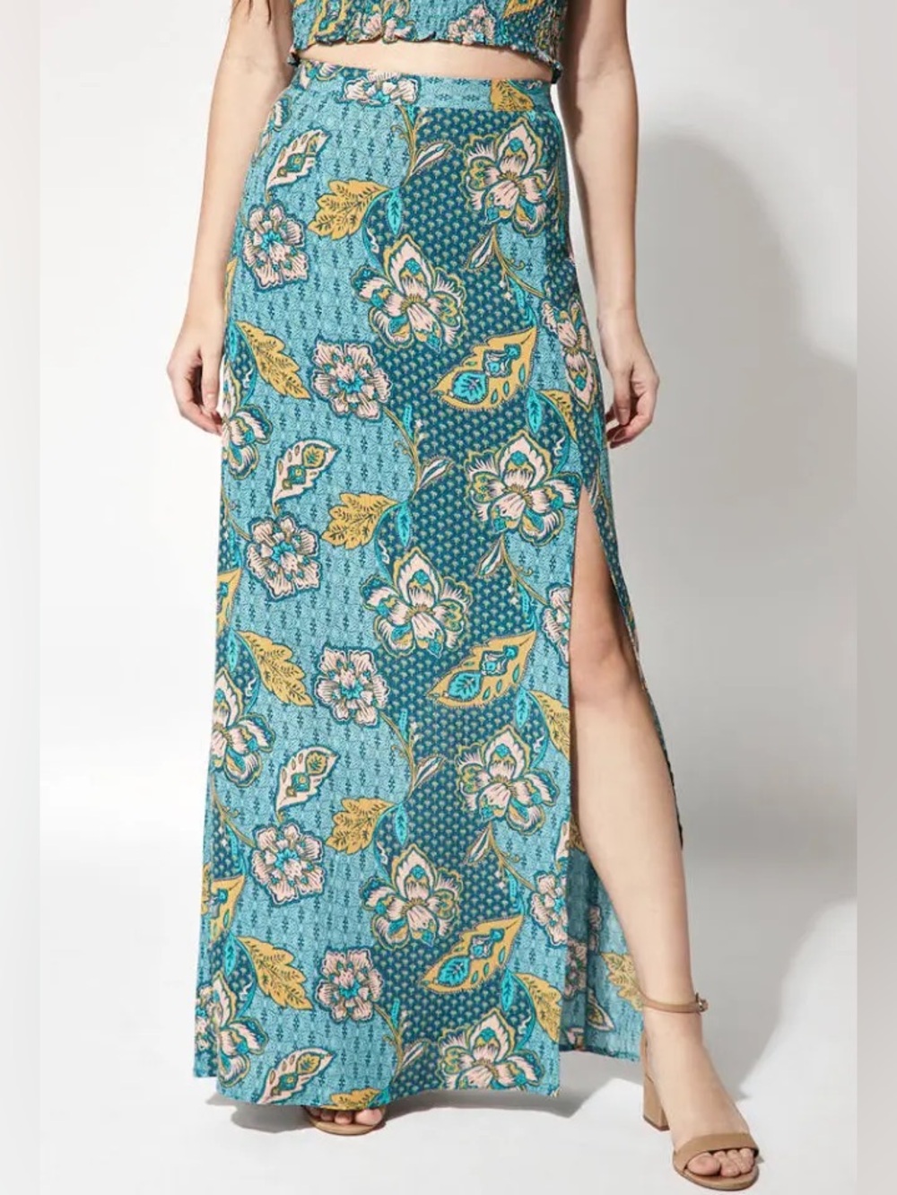 MINKPINK Teal Floral Maxi Skirt with Side Slit